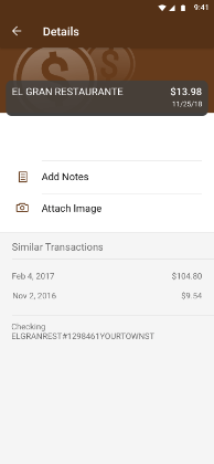 Transaction details in mobile banking.